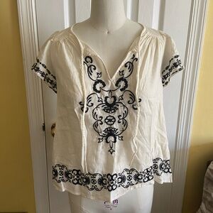 Old Navy Cream and Black Embroidered Blouse
